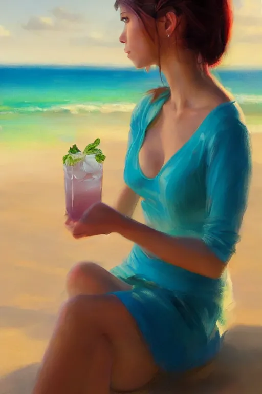 Prompt: a portrait of a cute female at the beach, drinking a cocktail, vivid colors, soft lighting, atmospheric, cinematic, moody, in the style of artgerm and greg rutkowski, oil on canvas