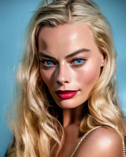 Image similar to Beautiful Head and shoulders portrait of confident flirty margot robbie with straight long blonde hair, by Zoë Mozert , alberto Vargas, arney freytag, artstation, 35mm, fashion photoshoot, posing in an urban street, fashion pose, octane, 4k