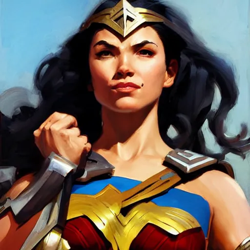 Image similar to greg manchess portrait painting of wonderwoman as overwatch character, medium shot, asymmetrical, profile picture, organic painting, sunny day, matte painting, bold shapes, hard edges, street art, trending on artstation, by huang guangjian and gil elvgren and sachin teng