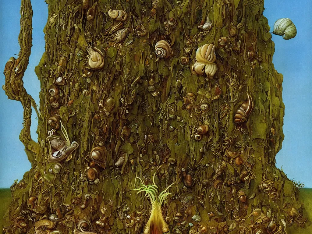 Prompt: Diaphanous giant extinct moth snail alien plant. Croud gathered at the feet of the creature. Painting by Jan van Eyck, Roger Dean