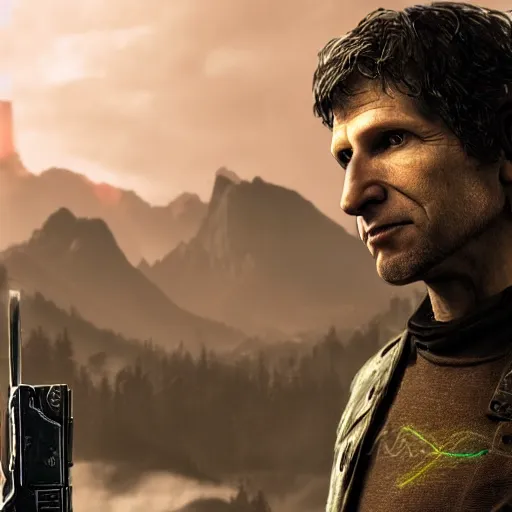 Image similar to todd howard with a pistol, forcing you to buy skyrim, threatening, sharp, cinematic, colorful, digital art, neon, bright, cyberpunk, blade runner 2 0 4 9, realism, bold