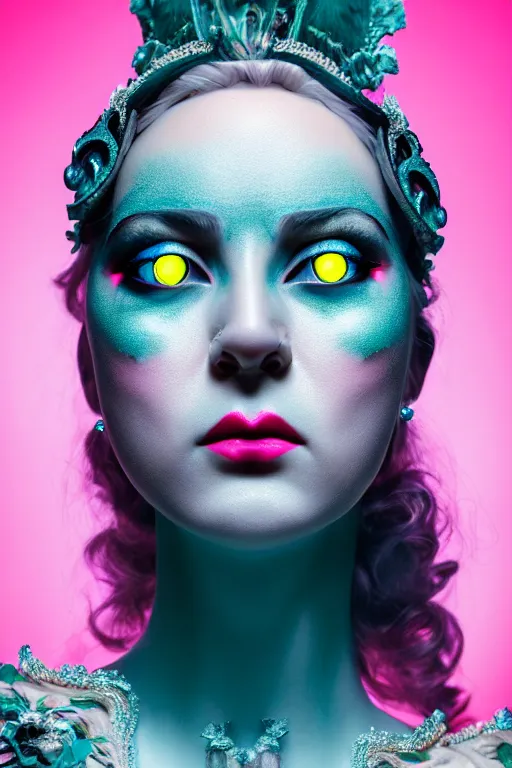 Prompt: hyperrealistic very detailed rococo profile of woman with pink eyes and jewel mouth matte painting concept art very dramatic dark teal lighting wide angle 35mm shallow depth of field 8k