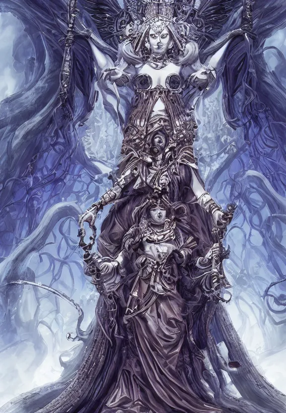 Prompt: mad priestess of forbidden knowledge concept art, symmetrical, rule of three, detailed body, full body, detailed face, ultradetailed digital illustration, 8 k, epic atmosphere, digital art by simon cowell and kentaro miura