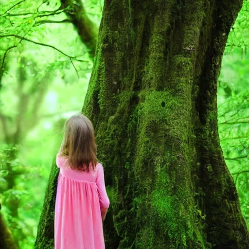 Prompt: a girl looking out over a lush green forest