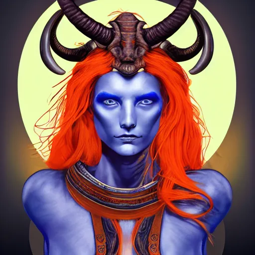 Prompt: illustrated portrait of skinny prominently ram-horned woman with orange skin and blue hair wearing leather armor, hyper detailed, photorealistic