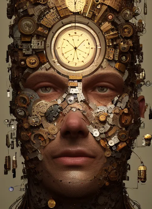 Image similar to the man made of clocks, au naturel, hyper detailed, digital art, trending in artstation, cinematic lighting, studio quality, smooth render, unreal engine 5 rendered, octane render, art style by klimt and nixeu and ian sprigger and wlop and krenz cushart