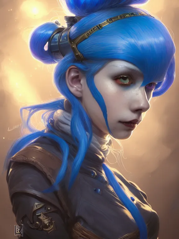 Prompt: a League of Legends FAN ART Portrait of JINX The Loose Cannon, blue hair, long pigtail, intricate, elegant, highly detailed, digital painting, concept art, smooth, sharp focus, illustration, by Laurie Greasley,Lawrence Alma-Tadema,Dan Mumford,artstation,deviantart,Unreal Engine,face enhance,8K,golden ratio,cinematic lighting