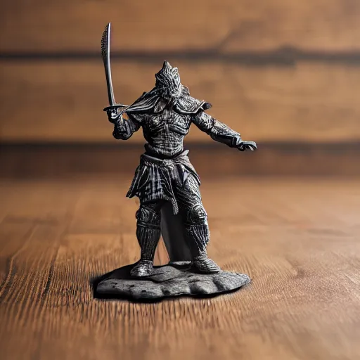 Image similar to 3 d printed fantasy miniature figure warrior on a wooden table photography realistic, detailed