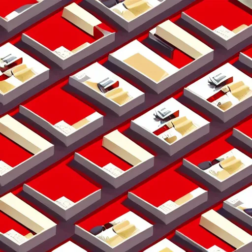 Image similar to isometric top down view of a hotel lobby, full of cherrywood and red carpet, high quality, digital art