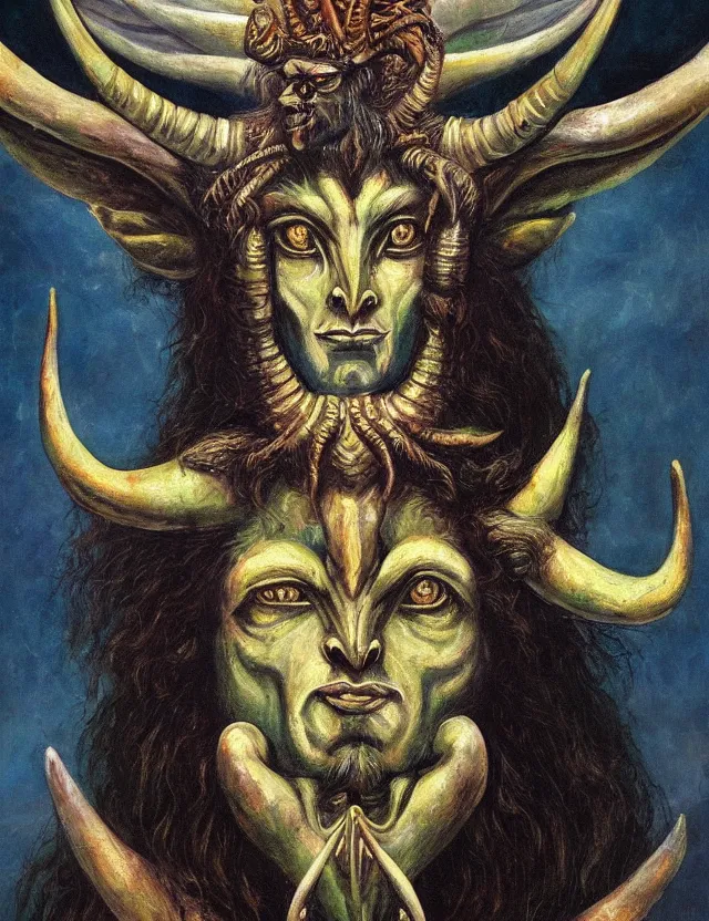 Image similar to the ancient god Baphomet, horned god of wisdom gnostic mystery religion, oil painting (beautiful) by Brom, chromatic aberration strange colors