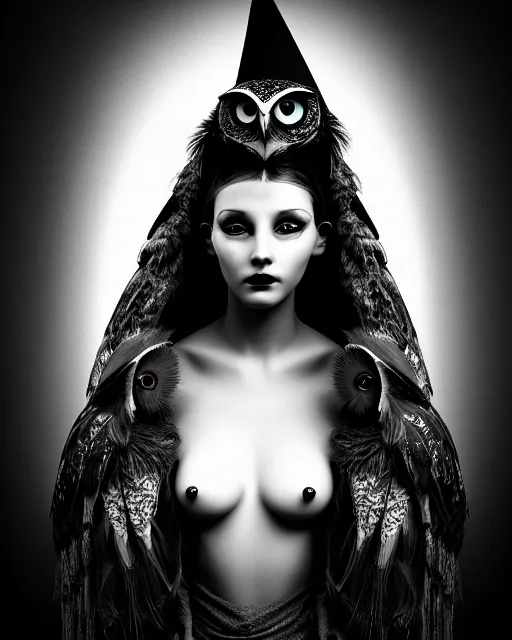 Prompt: surreal mythical dreamy dark artistic black and white fine art 3 / 4 fashion portrait photo of a young beautiful delicate female robot - witch - owl with orchid - doll face, rim light, cinematic, studio dramatic light, poetic, masterpiece, octane render, 8 k, photo - realistic by gustave dore hg giger