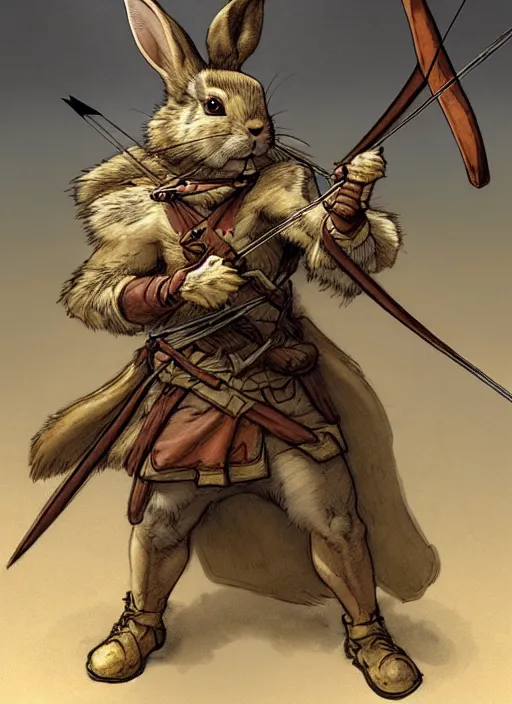 Prompt: a heroic rabbit archer with bow and arrow on a parchment background, redwall, greg rutowski and jean baptiste monge, detailed, epic fantasy concept art