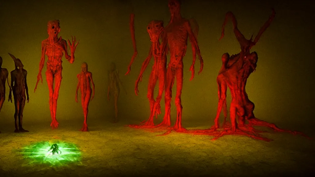 Image similar to the creature in the basement, made of glowing wax and oil, surrounded by friends, film still from the movie directed by denis villeneuve and david cronenberg with art direction by salvador dali and zdzisław beksinski, wide lens