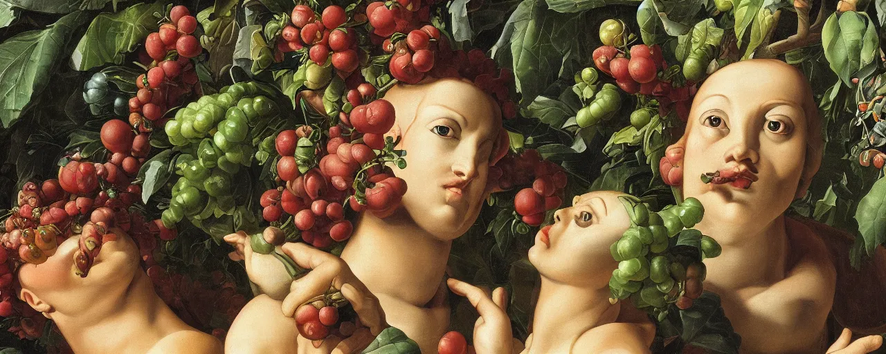 Image similar to cyborg and human, garden with fruits on trees, closeup, ultra detailed, Guido Reni style