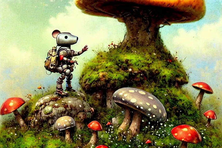 Prompt: adventurer ( ( ( ( ( 1 9 5 0 s retro future robot android mouse in forrest of giant mushrooms, moss and flowers stone bridge. muted colors. ) ) ) ) ) by jean baptiste monge!!!!!!!!!!!!!!!!!!!!!!!!! chrome red
