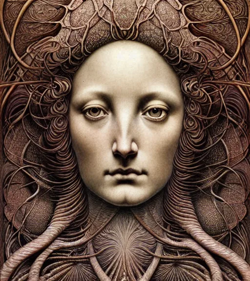 Image similar to detailed realistic beautiful almandine goddess face portrait by jean delville, gustave dore, iris van herpen and marco mazzoni, art forms of nature by ernst haeckel, art nouveau, symbolist, visionary, gothic, neo - gothic, pre - raphaelite, fractal lace, intricate alien botanicals, biodiversity, surreality, hyperdetailed ultrasharp octane render