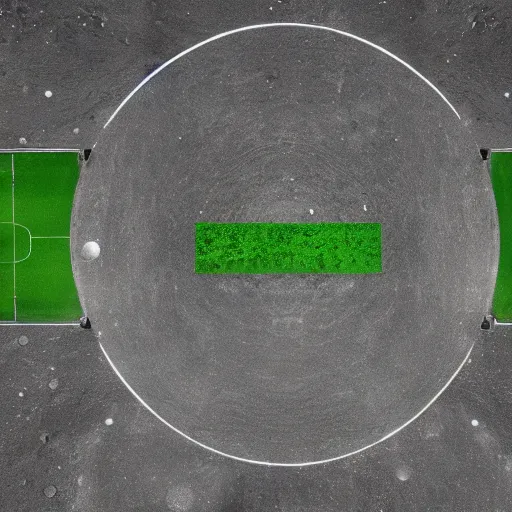 Image similar to a photography of a green soccer pitch on the moon, extreme long shot