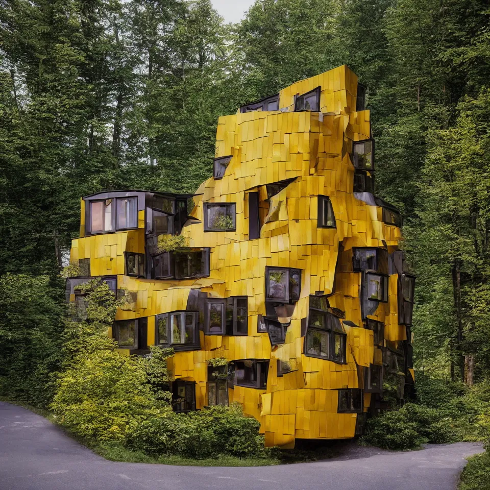 Image similar to a tiny flat horizontal house in the black forest, designed by Frank Gehry. Big tiles. Small wooden pathway . Film grain, cinematic, yellow hue