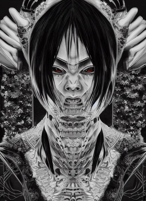 Image similar to digital _ painting _ of _ japanese horror manga horror black and white _ by _ filipe _ pagliuso _ and _ justin _ gerard _ symmetric _ fantasy _ highly _ detailed _ realistic _ intricate _ port