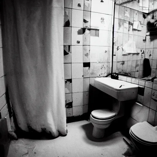 Image similar to a wide angle 3 5 mm film photography of a dirty cluttered bathroom somewhere in eastern europe, evocating a feeling of child wonder and endless possibilities