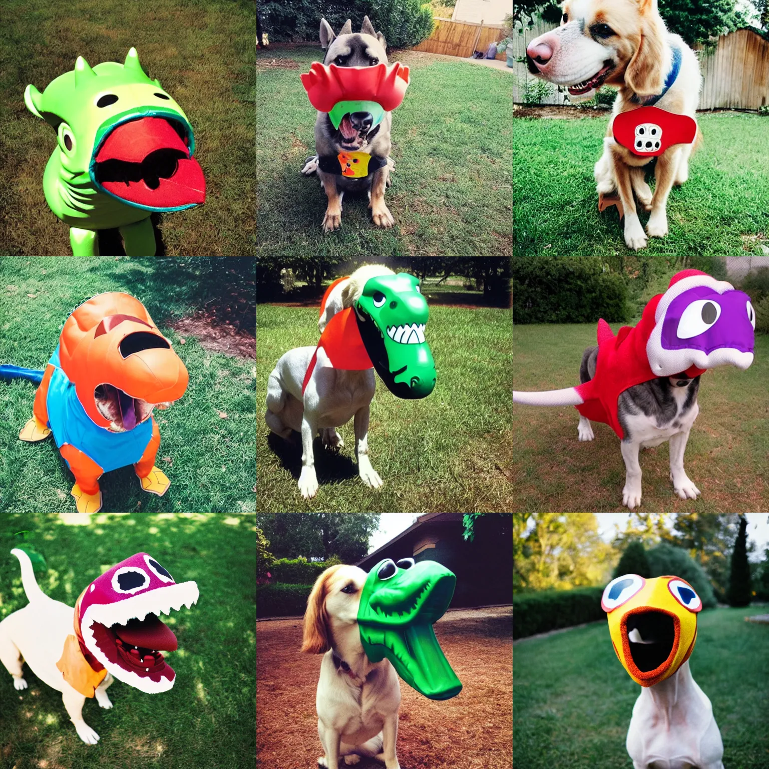 Prompt: a dog wearing a goofy cheap dinosaur mask, disposable camera photograph, casual, backyard, midday, sunny, funny photo