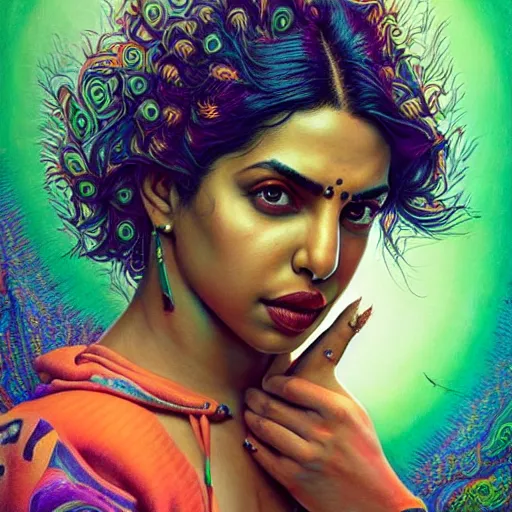 Image similar to portrait of priyanka chopra, hyper detailed masterpiece, neon floral pattern, jean giraud, digital art painting, darkwave goth aesthetic, psychedelic, artgerm, donato giancola and tom bagshaw