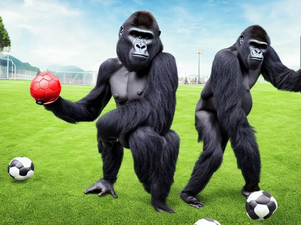 Image similar to gorilla with vr headset playing soccer, vivid