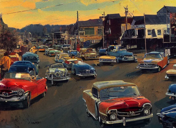 Prompt: small rural town in middle america 1950s hotrods driving down a street , vintage, high detail, golden hour, 8K, by John Berkey