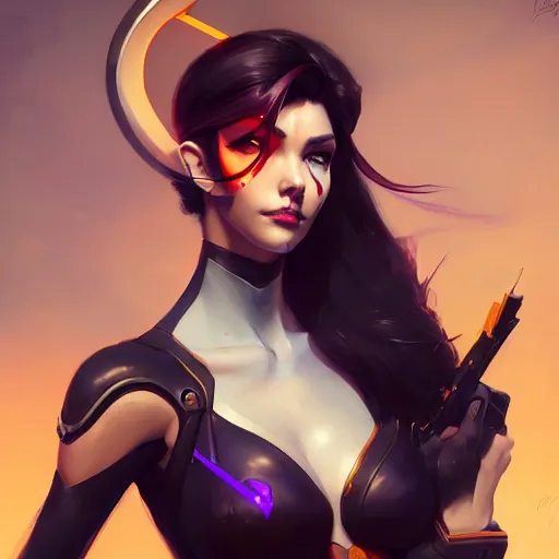 Image similar to a beautiful portrait of a beautiful widowmaker, overwatch concept art by pete mohrbacher and guweiz and ilya kuvshinov, digital art, highly detailed, intricate, sharp focus, trending on artstation hq, deviantart, unreal engine 5, 4 k uhd image