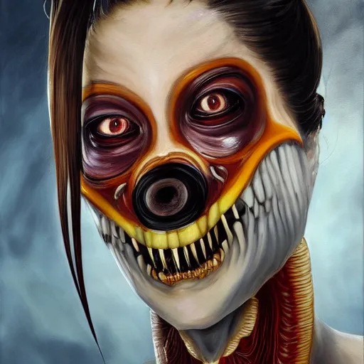 Image similar to a realistic painting by Raffaello Sanzi depicting the Kuchisake-onna with the head of the symbiotic Xenomorph in the Renaissance,smooth,Sharp focus, trending on Artstation.