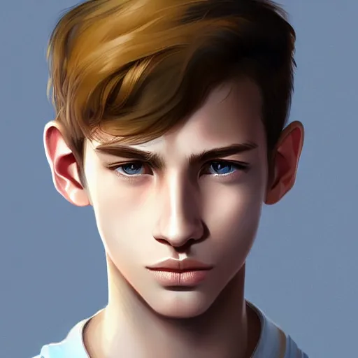 Image similar to colorful Captivating teenage boy with brown blond short quiff hair and thin slightly round facial structure with cleft chin, near eyes, beard, bumpy nose, good definition of cheekbones, Alert brown eyes, narrow face, slim body, atmospheric lighting, painted, intricate, 4k, highly detailed by Charlie Bowater