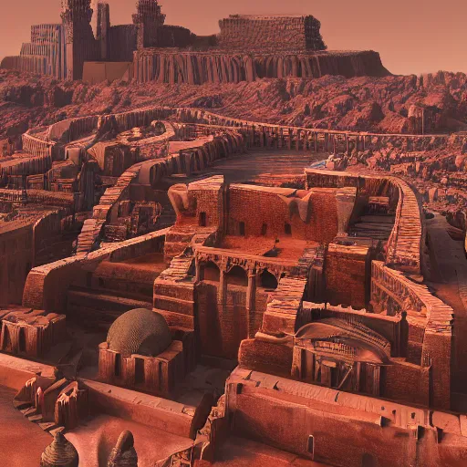 Prompt: Sprawling view of detailed fantasy city with greek architecture and intricate walls surrounded by a red desert; trending on artstation