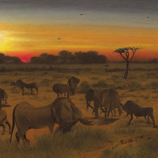 Image similar to rutkowski illustration of a safari at sunset