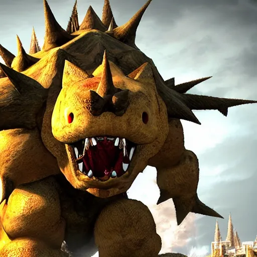 Image similar to gigantic bowser roaring into the sky, silent Hill, ruined kingdom, horror, cryengine