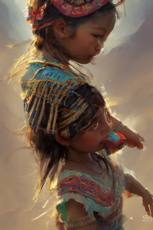 Image similar to aztec little girl, joyful, close - up portrait, intricate, elegant, volumetric lighting, scenery, digital painting, highly detailed, artstation, sharp focus, illustration, concept art, ruan jia, steve mccurry