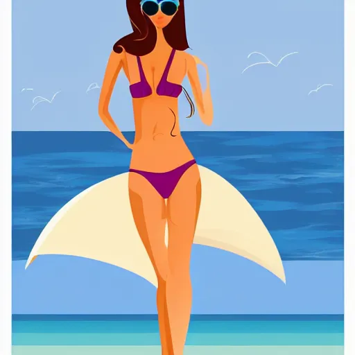 Image similar to a beautiful flat illustration of a woman on the beach in swimsuit by hed kandi, adobe illustrator