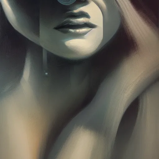 Prompt: detailed face of a woman, clockwork, moment, tectonic sky, skydome, bullet train, turbines, utopian, tech noir, wet reflections, prism, atmospheric, ambient, nick alm, casey baugh, pj crook, syd mead, livia prima, edward hopper