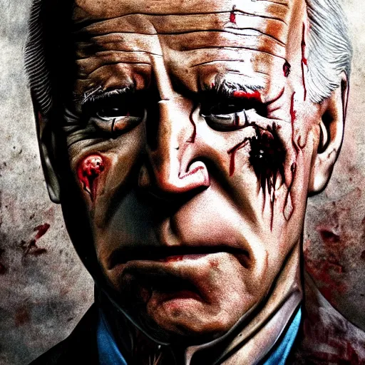 Image similar to joe biden as a rotting zombie, full body portrait, in a front of podeum, horror core, apocalyptic, feeling of grimdark, sharp focus, fiction, hyper detailed, digital art, trending in artstation, cinematic lighting, studio quality, smooth render, unreal engine 5 rendered, octane rendered, art style and nixeu and wlop and krenz cushart