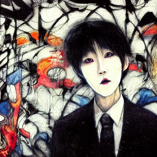 Image similar to yoshitaka amano blurred and dreamy realistic three quarter angle portrait of a k - pop idol with black lipstick and black eyes wearing dress suit with tie, junji ito abstract patterns in the background, satoshi kon anime, noisy film grain effect, highly detailed, renaissance oil painting, weird portrait angle, blurred lost edges