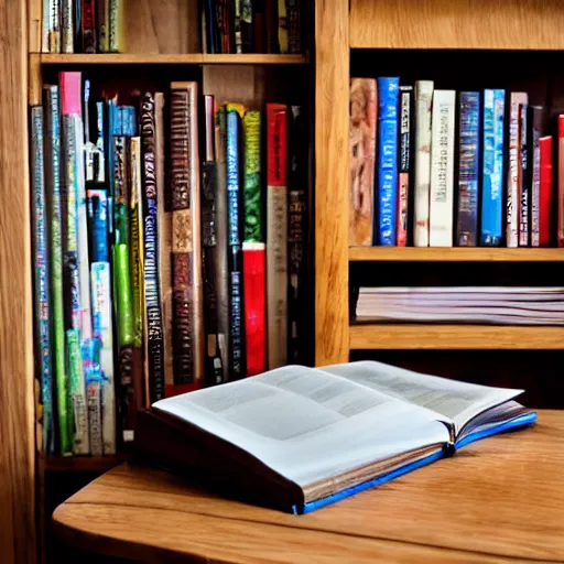 Prompt: A collection of books on a table with an oak bookshelf in the background.