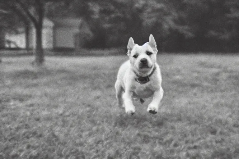 Image similar to out of focus photograph of a puppy in the front yard, cars can be seen traveling across the road, long exposure time, amateur photography, bad composition, bad color grading