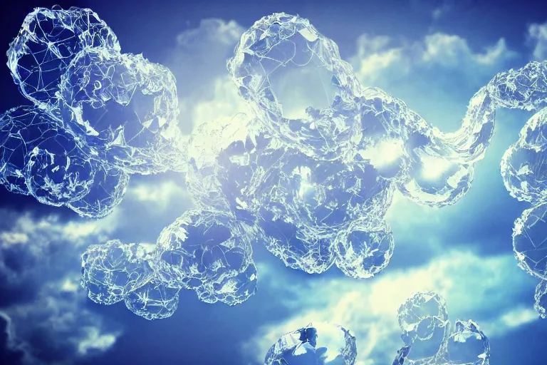 Image similar to simplicity, a huge flock of many ornate translucent puffy filigreed clouds tangled into large whirling ultra detailed crystal specimens, mission arts environment, playful, award winning art, epic dreamlike fantasy landscape, ultra realistic,