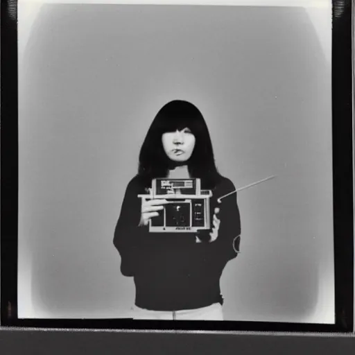 Image similar to 1 9 7 0 s polaroid of a female japanese musician playing a vintage modular synthesizer, hazy, faded