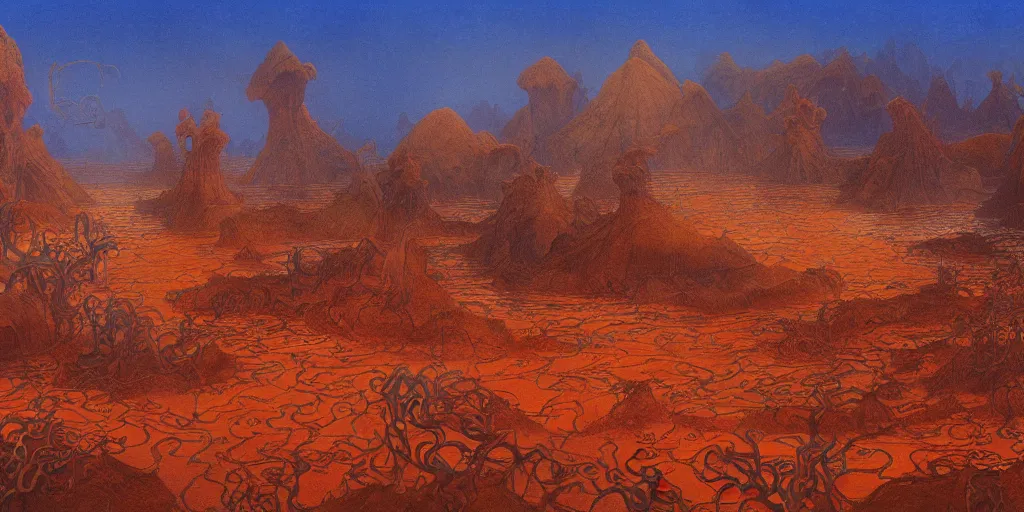 Image similar to Artwork by John Howe of the cinematic view of Jojunan, a breathtaking plane of jungles of blue tentacles, radioactive lakes, and desert valleys, lit by a warm orange twilight.