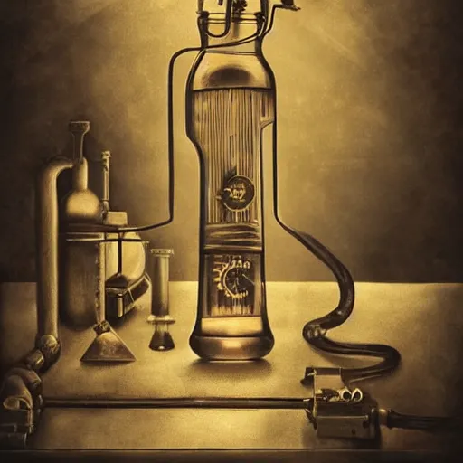 Image similar to a steampunk painting of a vintage purple potion bottle, lit by a single ray of sunlight on a table in a dark dusty vintage science lab, by h. r. giger, hyperrealistic fantasy art, concept matte, ethereal, dreamy, digital art, trending on artstation, volumetric cinematic lighting