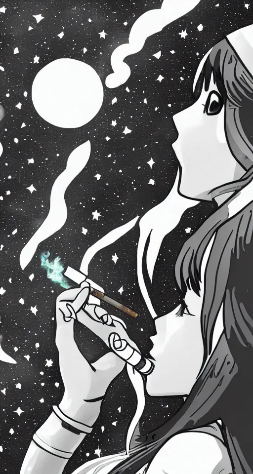 Image similar to a young cowgirl in space smoking a cigarette while looking out the window of her spaceship, sad and introspective, highly detailed, anime style