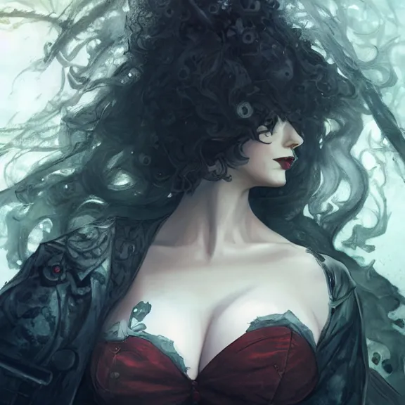 Image similar to christina hendricks!!!!! goth!!!!!, tankoban, 4 k, tone mapping, akihiko yoshida, james jean andrei riabovitchev marc simonetti, yoshitaka amano, long hair, curly, h. hydrochaeri