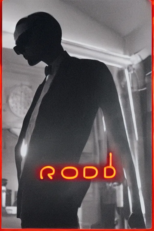 Prompt: portrait of a slender man with short hair and rounded sunglasses, atmospheric and obscure, red neon light, by roger deakins, cinematography, syd mead, realistic