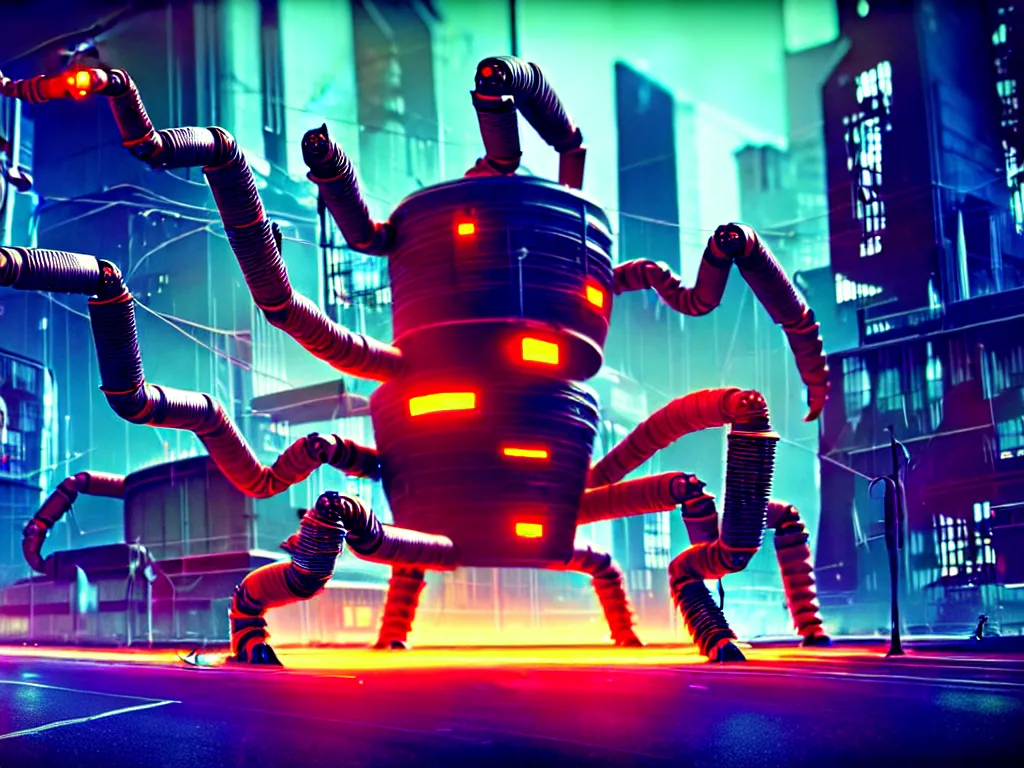 Image similar to A frightening gigantic evil robot scorpion in a futuristic city with pipes and tubes and wires, hyperealistic very colourful hdr cinematic lighting cgi render photorealistic cinematic octane render