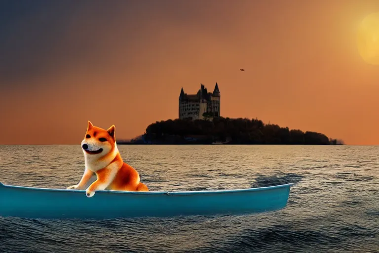 Image similar to a shiba inu sailing in a boat in the sea alone, with a castle in the background, sunset, epic, dramatic, realistic, 4k